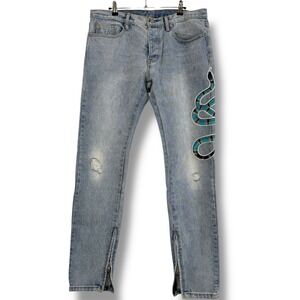 MNML Jeans Men's 34 Snake Symbol‎ Zipper Ankle Distressed Blue